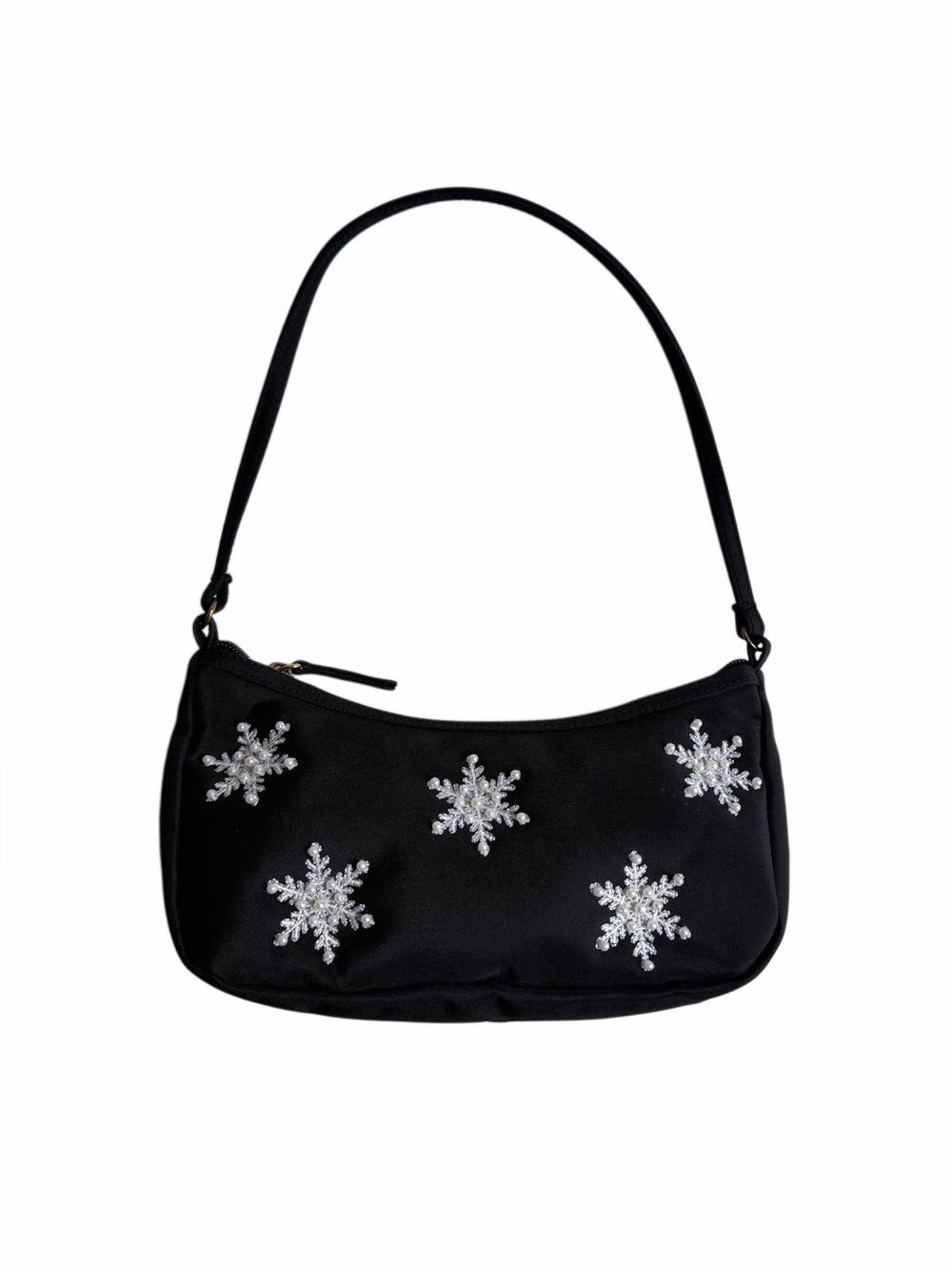 Mid 2000s Kim Rogers Black Beaded Snowflake Nylon Shoulder Bag